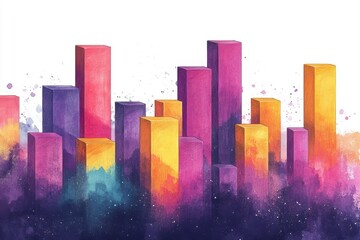 Poster - A vibrant watercolor cityscape featuring colorful geometric shapes in shades of purple, pink, and orange against a dark background.