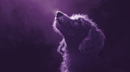 Wall Mural - A purple-hued dog looking up, illuminated by a soft light.