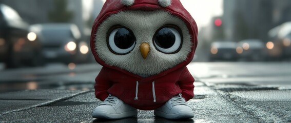 Wall Mural - Cute owl wearing a red hoodie and white sneakers on a wet city street.