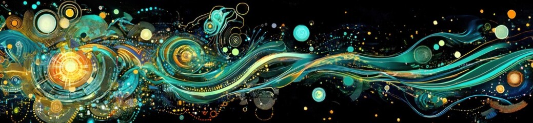 Wall Mural - abstract swirling cosmic art with teal, gold, and black.