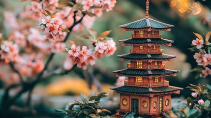 Wall Mural - Miniature pagoda nestled amongst blossoming pink cherry tree branches.