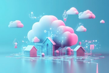Poster - A futuristic digital landscape featuring houses under a stylized cloud, symbolizing innovation and technology in smart homes and connectivity.