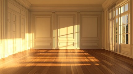 Poster - Sunlit empty room with hardwood floor, large windows, and classic paneling.