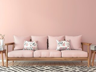 Living room featuring pastel pink walls, wooden furniture, and a sofa with geometric patterns. Simple and elegant.