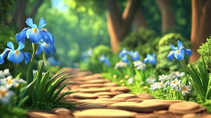 Wall Mural - Sunlit stone path through a lush forest with blooming blue irises and daisies.