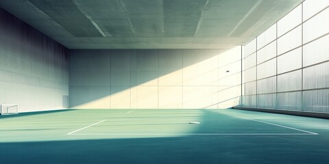 Poster - Sunlit indoor sports hall with green floor, goal, and large window.