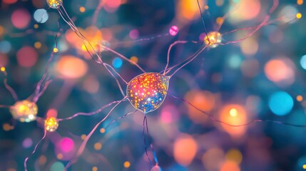 Poster - A 3D illustration of a neural network. Concepts of big data and cybersecurity. Data flow. A global database and imagery. A vibrant, colorful background with a bokeh effect.