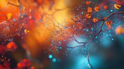 Poster - A 3D illustration of a neural network. Concepts of big data and cybersecurity. Data flow. A global database and imagery. A vibrant, colorful background with a bokeh effect.