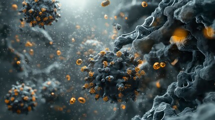 Poster - A microscope reveals a virus, showcasing antibodies and viral infection. The body's immune defense targets antigens in a 3D illustration.
