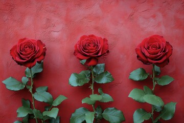 Wall Mural - Red roses against a vibrant red wall create a striking floral display in a cozy setting