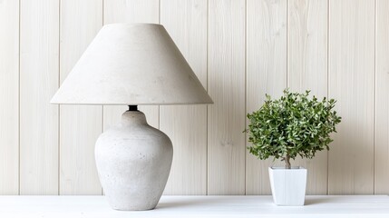 Wall Mural - Table lamp and plant on white surface, wood wall background; home decor