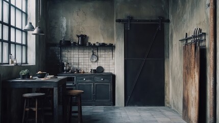 Poster - Rustic industrial kitchen interior with dark cabinets, metal accents, and a large window.