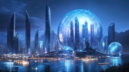 Aufkleber - A conceptual technology background in 3D. Quantum computer design. A fantastical night city. Advanced technologies in the global communication network