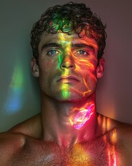 Poster - Captivating portrait of a young man with colorful light effects studio setting artistic environment close-up view expression of identity