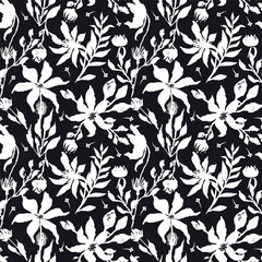 Wall Mural - Seamless pattern with black and white hand drawn flowers and leaves. Loose botanical repeat background. Rough florals monochrome wallpaper.