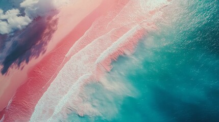 Poster - Bright sunshine illuminates the pink sand beach, where turquoise waves gently roll ashore. The beautiful sky is adorned with pink and white clouds, creating a captivating landscape
