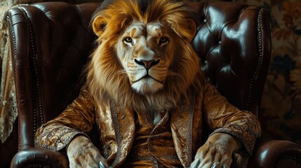 Wall Mural - a lion is sitting in a chair, wearing a suit and tie. the lion is looking at the camera with a serio