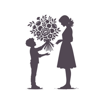 Mother's Day Silhouette: Child Presenting Flowers to Mom