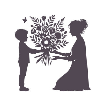 Mother's Day Silhouette: Child Presenting Flowers to Mom