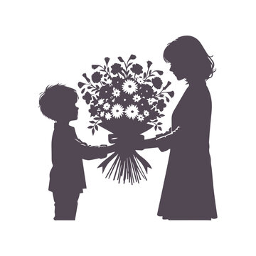 Mother's Day Silhouette: Child Presenting Flowers to Mom