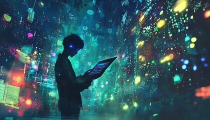 Internet Things (IoT) idea, with a person using a laptop and digital tablet connected to the internet and coding, generated by AI