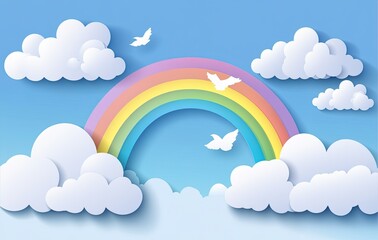 Wall Mural - A blue sky with white clouds and a rainbow background