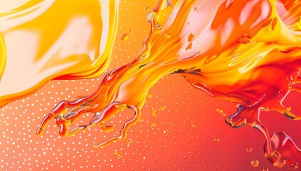 Poster - Abstract orange and yellow liquid background with splashes and dots, 3D rendering illustration.