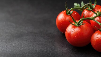 Wall Mural - Fresh red tomatoes on vine, dark background, food photography, recipe website