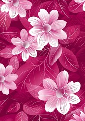 Poster - A seamless pattern of delicate pink flowers with white petals, leaves in shades of magenta and fuchsia on a dark red background.