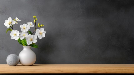 Wall Mural - White flowers vase, grey background, wood shelf, zen