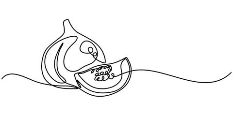 Poster - Single one line drawing whole healthy organic figs for orchard logo identity. Fresh exotic summer fruitage concept on white background. Modern continuous line draw design graphic vector illustration.