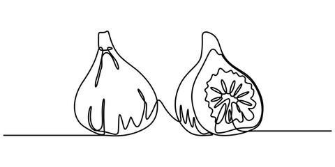 Poster - Single one line drawing whole healthy organic figs for orchard logo identity. Fresh exotic summer fruitage concept on white background. Modern continuous line draw design graphic vector illustration.
