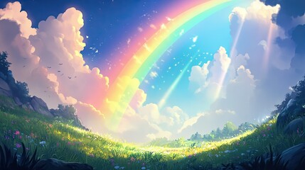 Wall Mural - A cartoon rainbow arches across the sky, with rays of light shining through it over a field and forest landscape