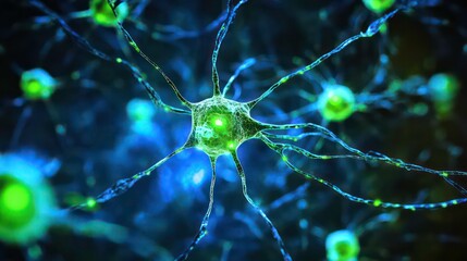 Poster - Abstract neural network visualization with glowing green and blue connections, showcasing futuristic AI technology and neural pathways.