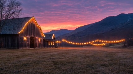 Wall Mural - Festive barn lights at sunset, mountain backdrop, holiday scene, winter card