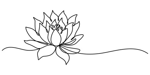 Aufkleber - Lotus Water Lily Continuous Line Illustration, Lotus flower in single continuous line drawing style for logo or emblem. Water lily outline vector illustration for yoga studio, spa, zen center, minimal