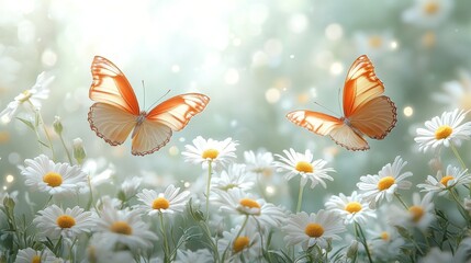 Wall Mural - Monarch butterflies fluttering over blooming daisies in a serene garden at dawn