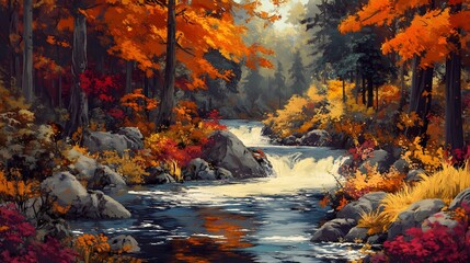 Wall Mural - A peaceful river flowing through a forest of red orange trees