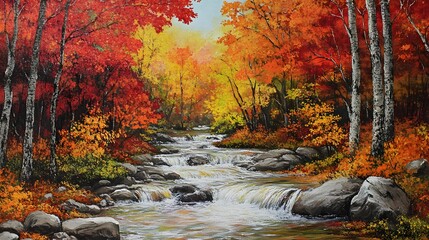 Wall Mural - A peaceful river flowing through a forest of red orange trees