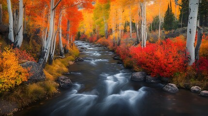 Wall Mural - A peaceful river flowing through a forest of red orange trees