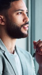 Poster - Thinking, smile and window with business man in office for decision, property consultant and client approval. Reflection, future and real estate growth with person in agency for brainstorming idea