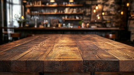 Poster - A beautifully crafted wood table top takes center stage with a softly blurred kitchen in the background, inviting creativity for product montage and elegant design layouts