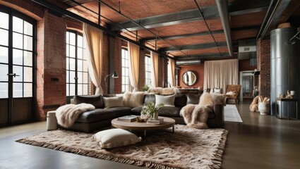 Aufkleber - Industrial-Style Living Room with Modern Furniture and Brick Wall