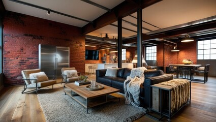 Aufkleber - Industrial-Style Living Room with Exposed Brick Wall and Metal Beams