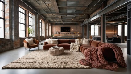 Aufkleber - Industrial Style Living Room with Exposed Brick Walls and Metal Beams