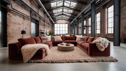 Aufkleber - Industrial Chic Living Room with Exposed Brick and Skylight