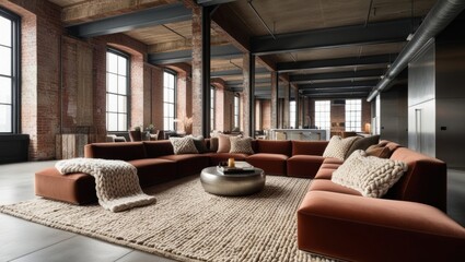 Aufkleber - Urban Industrial Chic: A Modern Loft Living Room with Exposed Brick and Large Windows