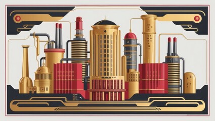 Poster - A futuristic and industrial-inspired graphic artwork featuring a stylized factory with gold and red cylinders, pipes, and tubes set against a clean white background.