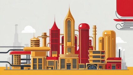 Fototapete - An industrial factory with a tall tower and various machines and structures inside