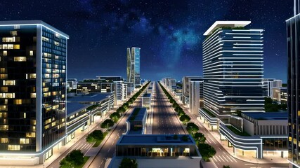 Poster - Illuminated skyscrapers dominate a futuristic cityscape at night, with a central avenue stretching towards a distant, towering structure under a mesmerizing milky way